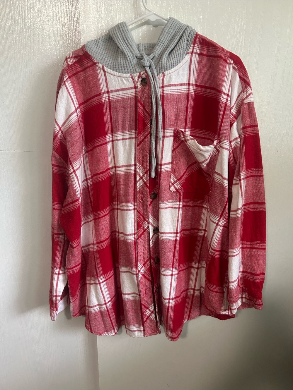 Women’s Red and White Plaid Button-Down Shirt with Hood